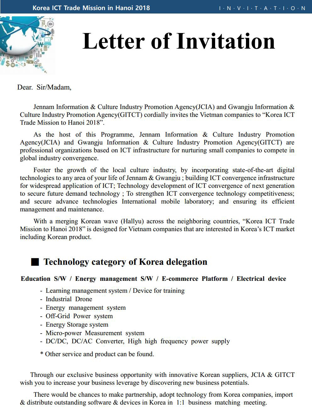 Invitation to "Korea ICT Trade Mission in Hanoi 2018"