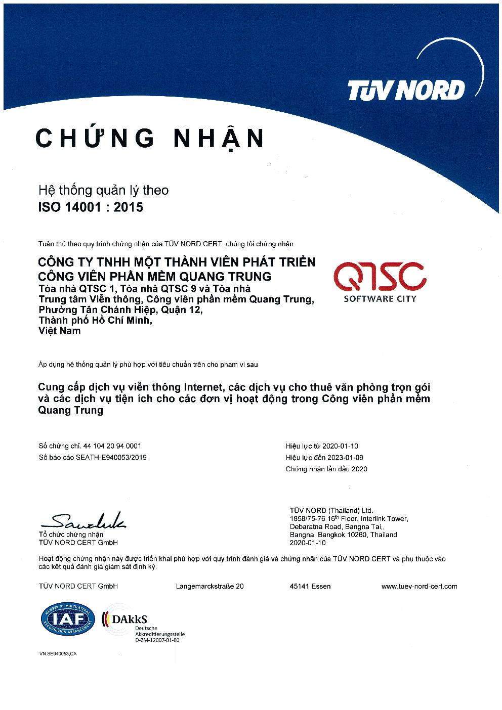 QTSC đã được TUV Nord Cert chứng nhận đáp ứng tiêu chuẩn Hệ thống Quản lý môi trường ISO 14001:2015