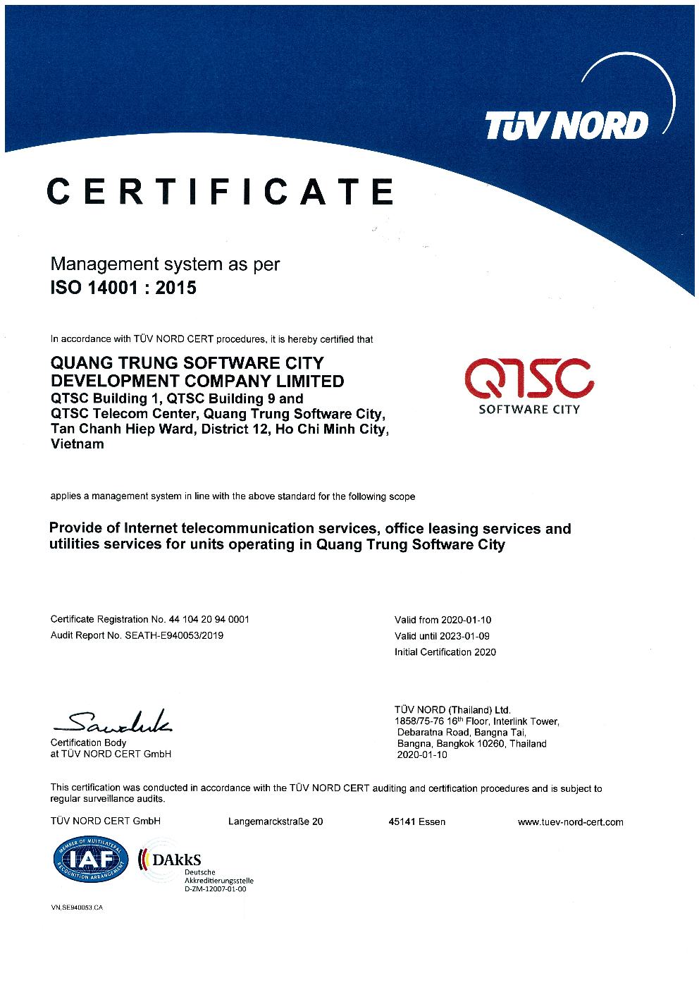 TUV Nord Certは、QTSCの環境管理システムISO 14001：2015の基準を満たすことを証明しました。