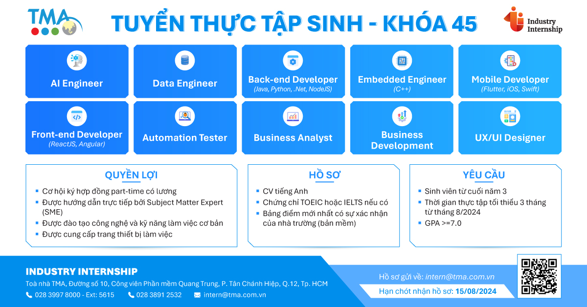 TMA tuyển Thực tập sinh khóa 45 với nhiều vị trí hấp dẫn